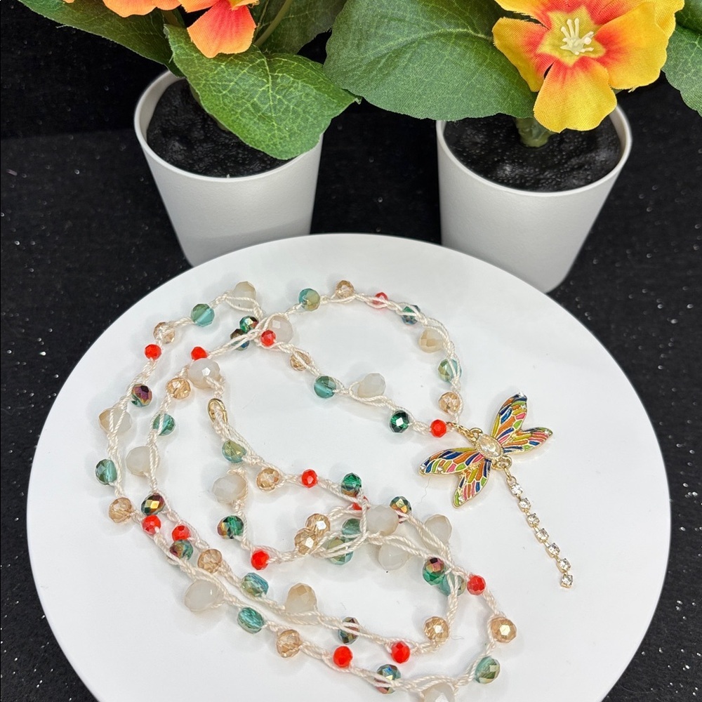 Dragonfly Beaded Crochet Necklace | Colorful Glass Beads | Adjustable 17” - Picture 9 of 9